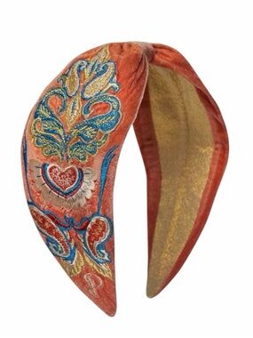 NWT Embroidered Velvet Headband Mediterranean Paisley Coral by Powder UK